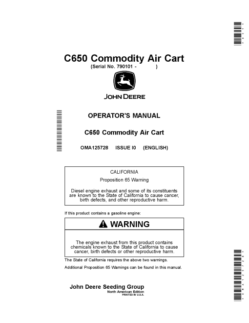 John Deere C650 Commodity Air Cart (790101-) OMA125728 Operators and Maintenance Manual PDF Download