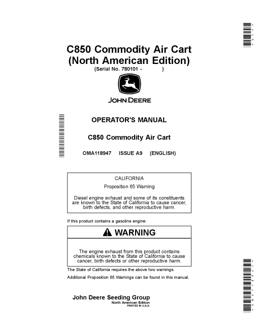 John Deere C850 Commodity Air Carts OMA118947 Operators and Maintenance Manual PDF Download