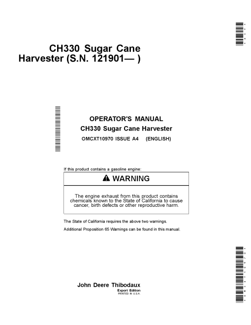 John Deere CH330 Sugar Cane Harvester Text-Free Safety Decals China Edition OMCXT10970 Operators and Maintenance Manual PDF Download