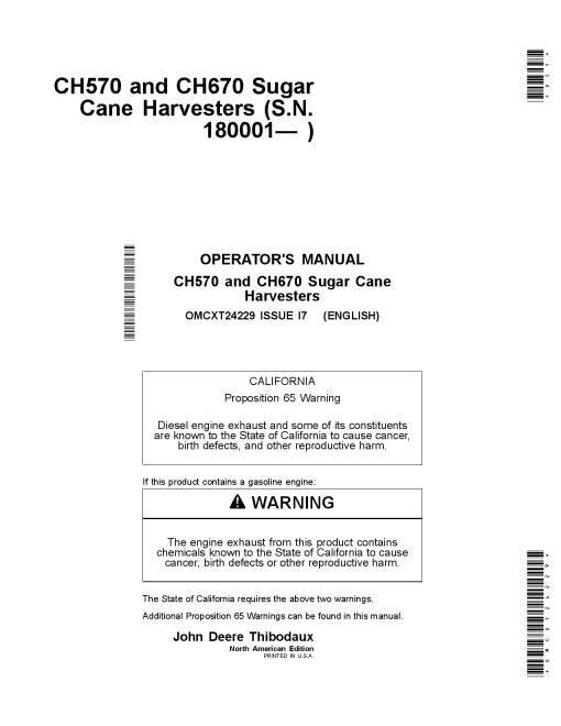 John Deere CH570 & CH670 Sugar Cane Harvesters (With Text Decals) OMCXT24229 Operators and Maintenance Manual PDF Download