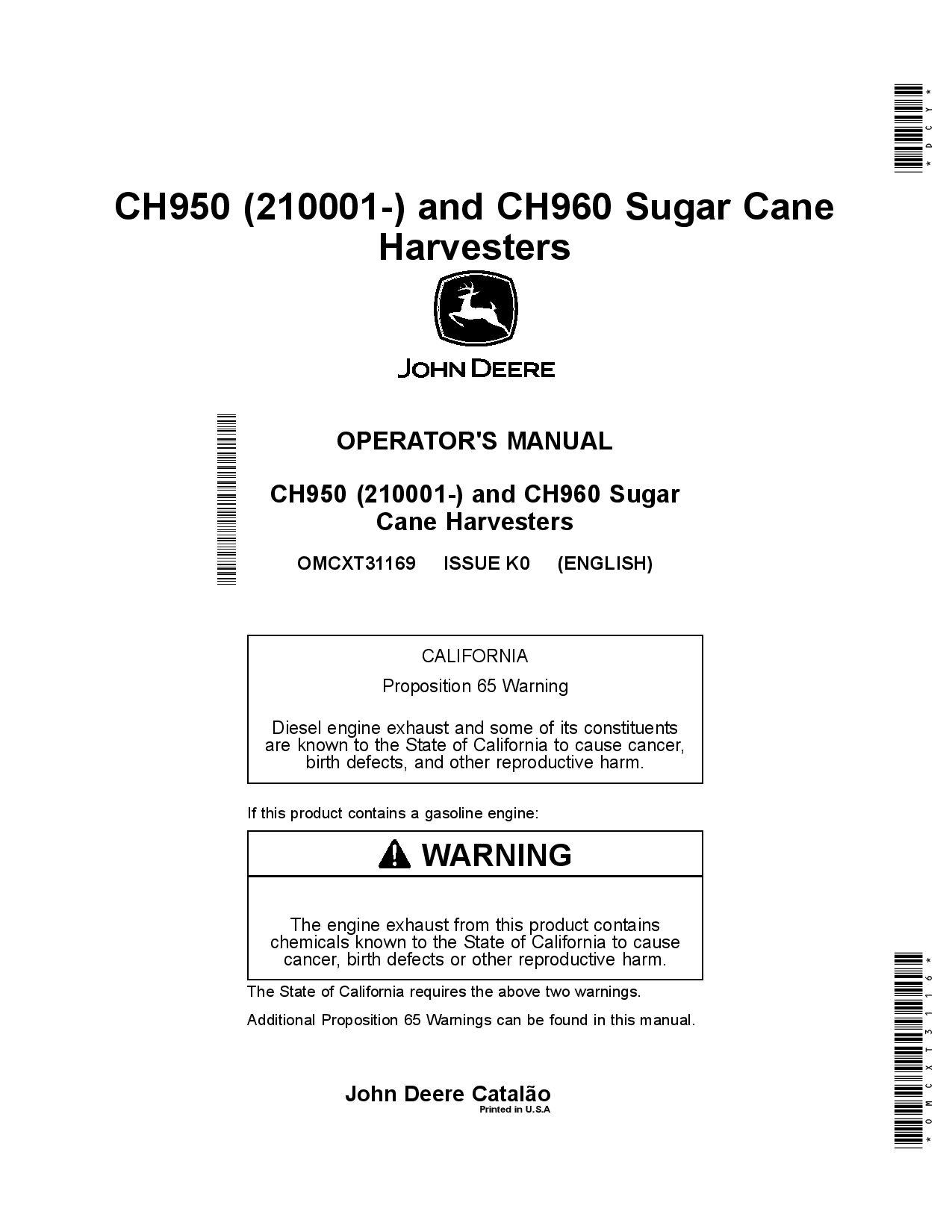 John Deere CH950 (210001-) and CH960 Sugar Cane Harvesters OMCXT31169 Operators and Maintenance Manual PDF Download