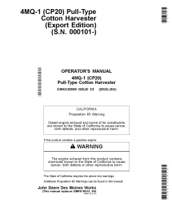 John Deere (CP20) Pull-Type Cotton Harvester 4MQ-1 (000101-) OMKK25909 Operators and Maintenance Manual PDF Download