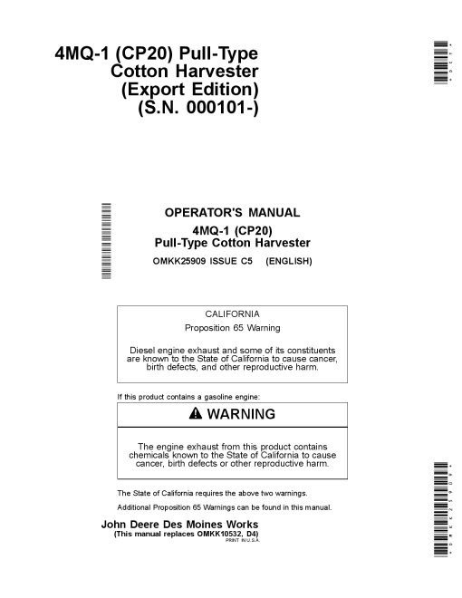 John Deere (CP20) Pull-Type Cotton Harvester 4MQ-1 (000101-) OMKK25909 Operators and Maintenance Manual PDF Download