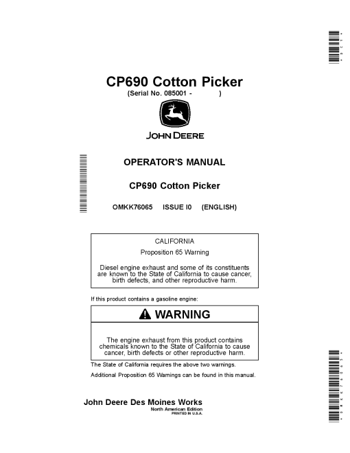 John Deere CP690 Cotton Picker (085001-) OMKK76065 Operators and Maintenance Manual PDF Download