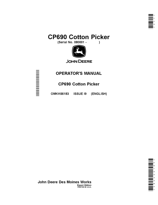 John Deere CP690 Cotton Picker OMKK66183 Operators and Maintenance Manual PDF Download