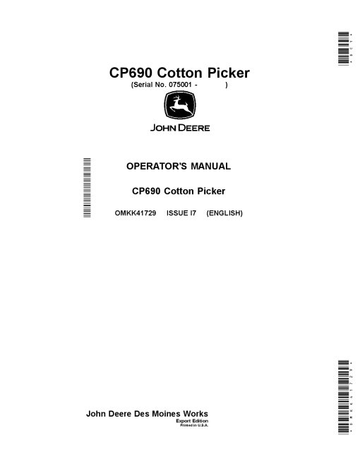 John Deere CP690 Cotton Pickers OMKK41729 Operators and Maintenance Manual PDF Download