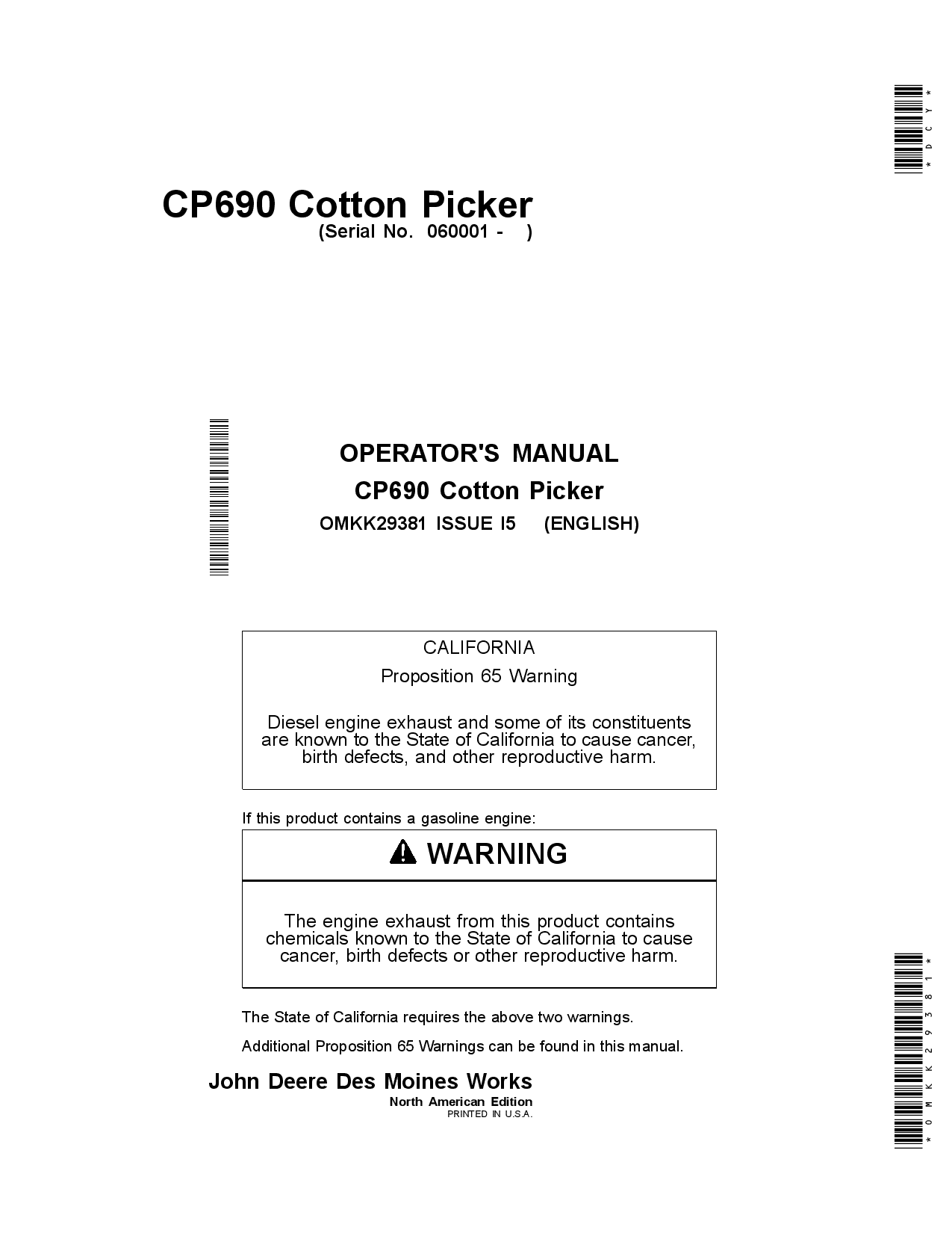 John Deere CP690 Cotton PickersNorth American Edition (060001-) OMKK29381 Operators and Maintenance Manual PDF Download