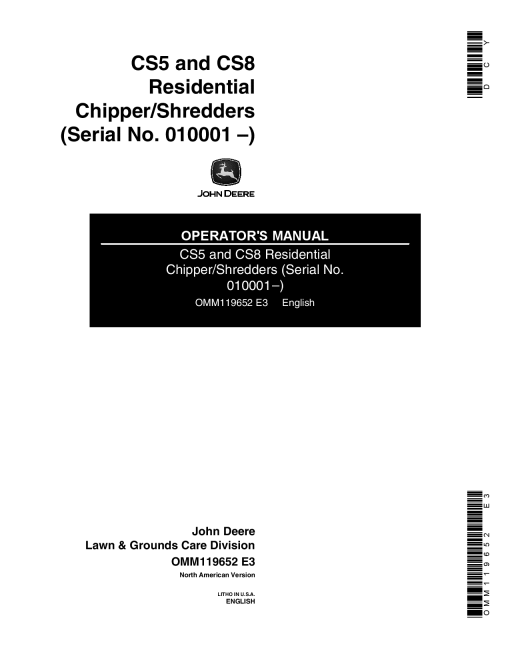 John Deere CS5, CS8 Chipper & Shredder OMM119652 Operators and Maintenance Manual PDF Download