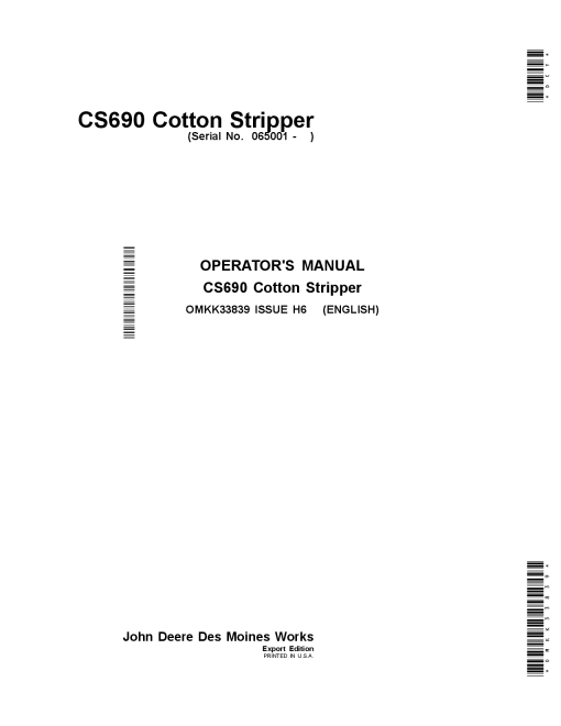 John Deere CS690 Cotton Stripper (Export Edition) OMKK33839 Operators and Maintenance Manual PDF Download