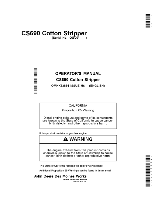 John Deere CS690 Cotton Stripper (North American Edition) OMKK33834 Operators and Maintenance Manual PDF Download