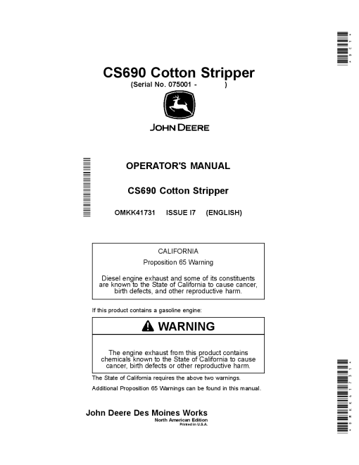 John Deere CS690 Cotton Stripper OMKK41731 Operators and Maintenance Manual PDF Download