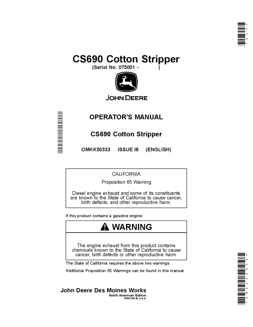 John Deere CS690 Cotton Strippers OMKK50333 Operators and Maintenance Manual PDF Download