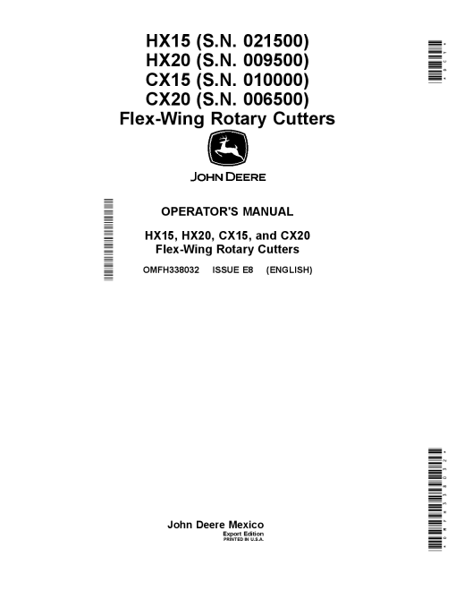 John Deere CX15, CX20, HX15, HX20 Flex-Wing Rotrary Cutters OMFH338032 Operators and Maintenance Manual PDF Download