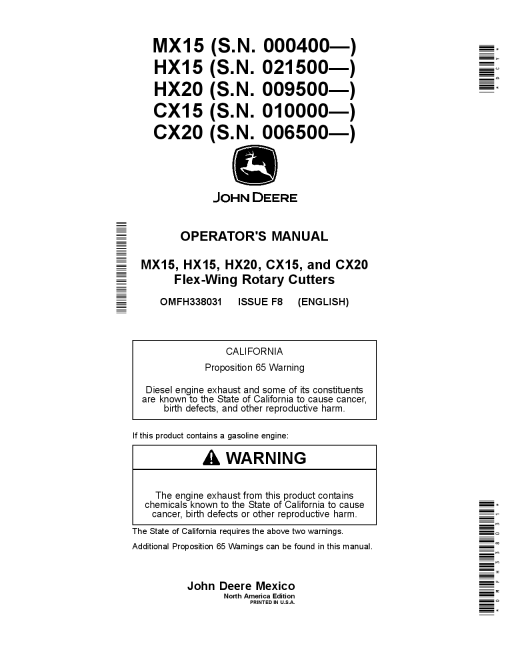 John Deere CX15, CX20, HX15, HX20 & MX15 Flex-Wing Rotary Cutters OMFH338031 Operators and Maintenance Manual PDF Download