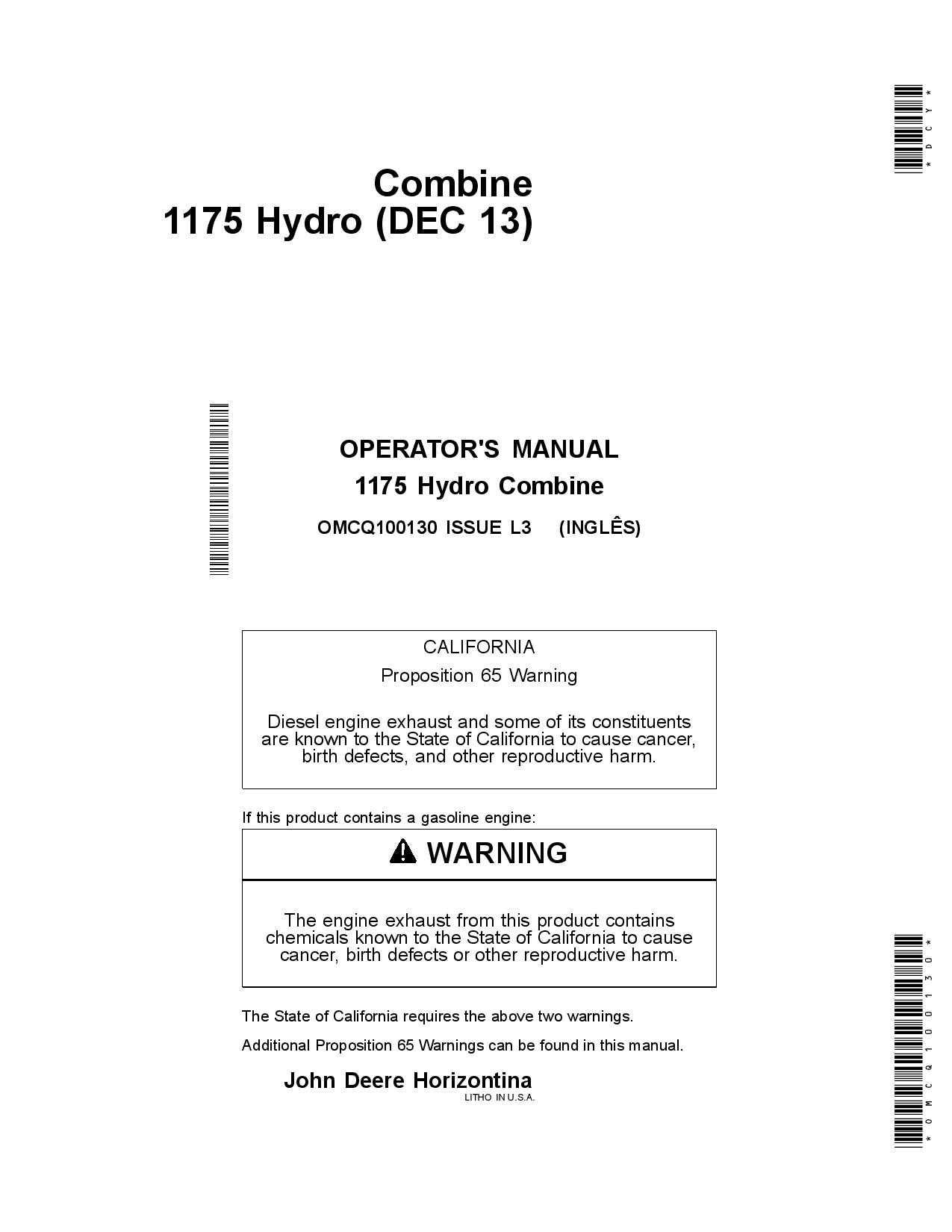John Deere Combine 1175 Hydro (DEC13) OMCQ100130 Operators and Maintenance Manual PDF Download