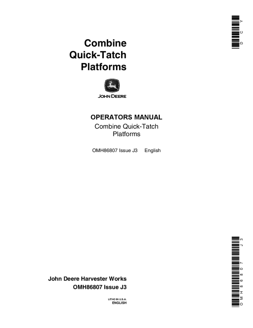 John Deere Combine Quik-Tatch Platforms OMH86807 Operators and Maintenance Manual PDF Download