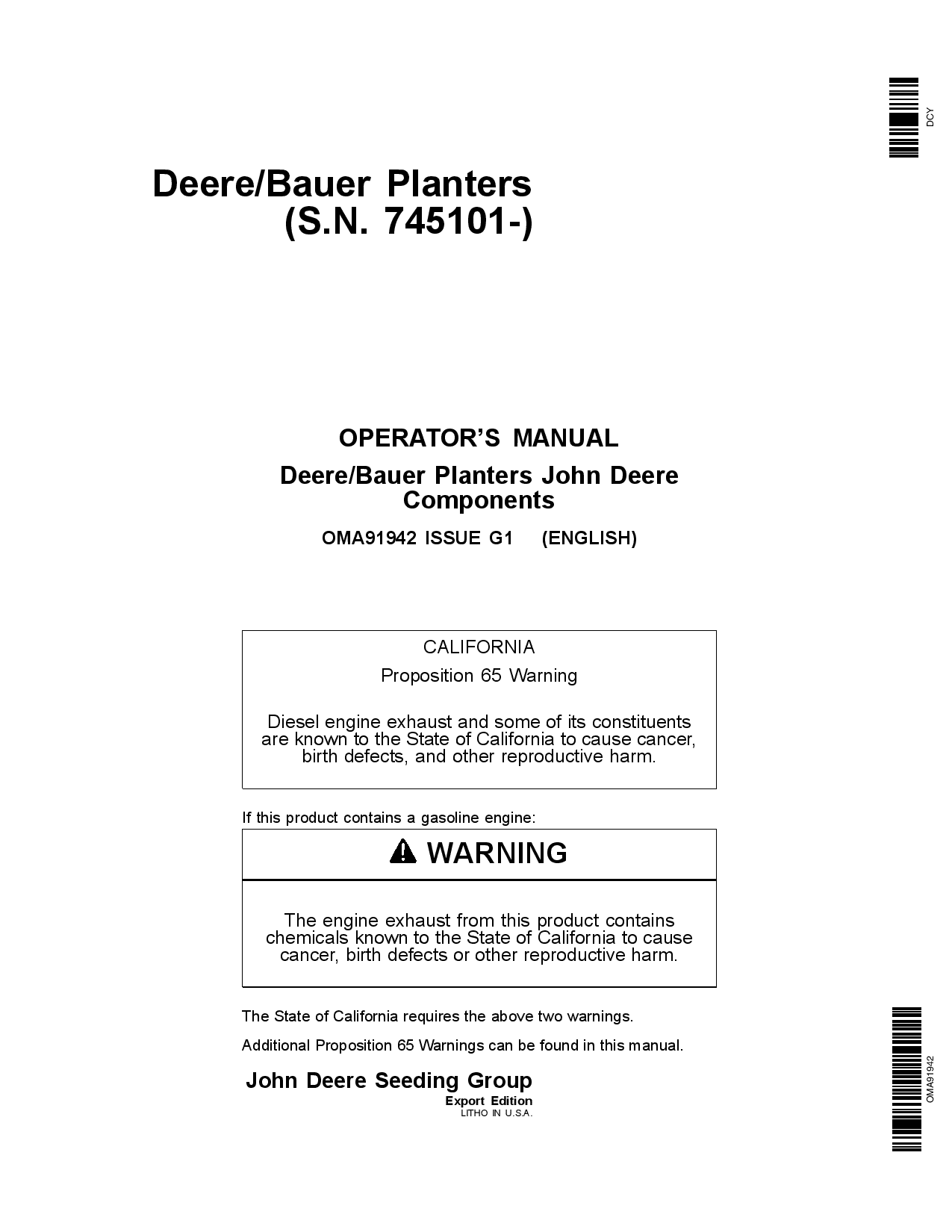 John Deere Components Metric Units for DB44, DB58, DB60, DB66, DB80, DB88, DB90, DB120 Deere Bauer Planters (745101-750100) OMA91942 Operators and Maintenance Manual PDF Download