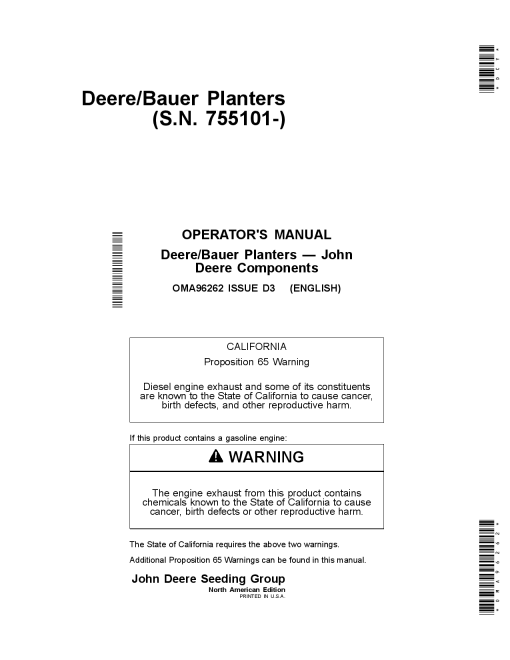 John Deere Components Metric Units for DB44, DB60, DB66, DB80, DB88, DB90, DB120 Deere Bauer Planters (755101-760100) OMA96262 Operators and Maintenance Manual PDF Download