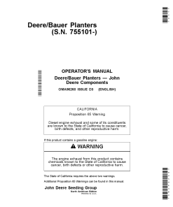 John Deere Components Standard Units for DB44, DB60, DB66, DB80, D888, D890, DB120 Deere Bauer Planters (755101-760100) OMA96260 Operators and Maintenance Manual PDF Download