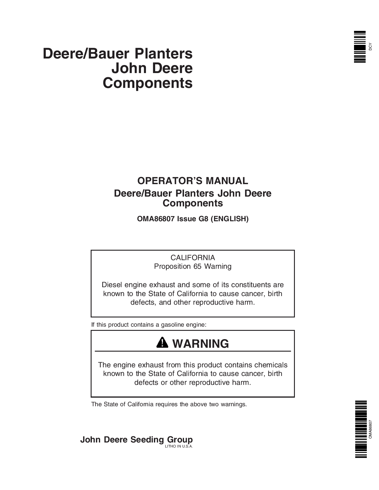 John Deere Components for D344, D358, D360, D366, D380, D388, 81 DB90 Deere Bauer Planters Worldwide Edition (730101-735100) OMA86807 Operators and Maintenance Manual PDF Download