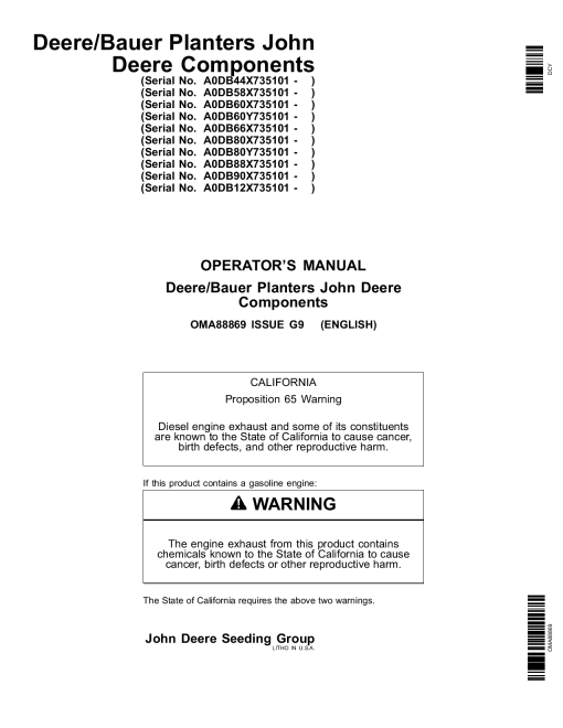 John Deere Components for D844, D858, D860, D866, D880, D888, D890, 81 D8120 Deere Bauer Planters Worldwide Edition (735101-740100) OMA88869 Operators and Maintenance Manual PDF Download