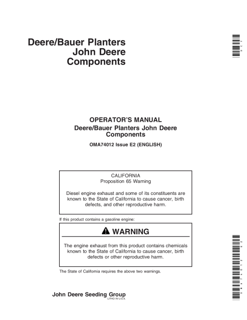 John Deere Components for Deere Bauer Planters (700101-) NA. OMA74012 Operators and Maintenance Manual PDF Download