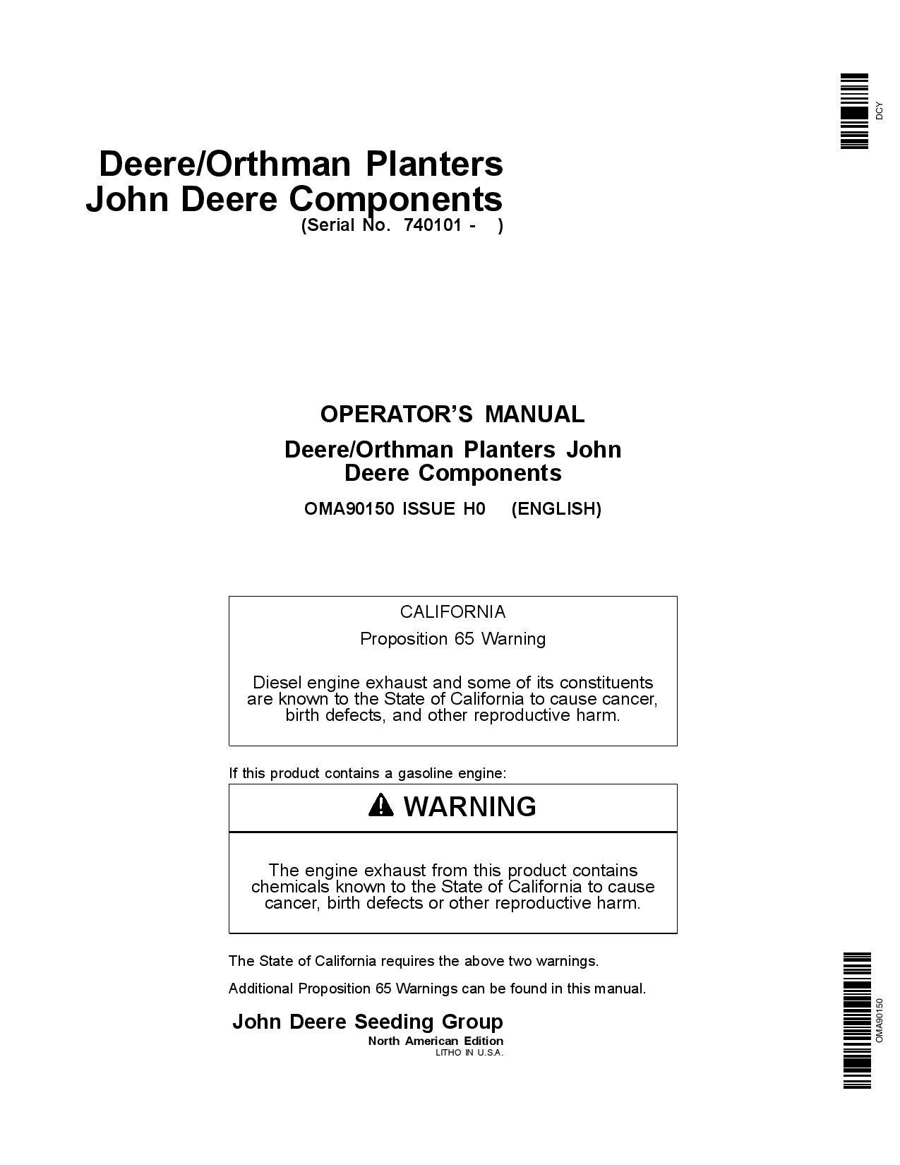 John Deere Components for Deere Orthman Planters Worldwide Edition (740101-745100) OMA90150 Operators and Maintenance Manual PDF Download