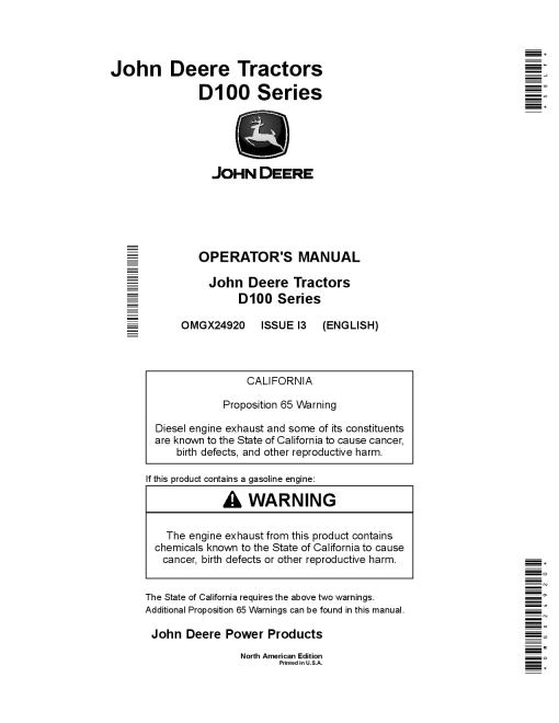 John Deere D100 (100 Series) Tractors (49 States & Australia E500001-) (California E050001-) (Mexico, Canada & Rest of World E20001-) OMGX24920 Operators and Maintenance Manual PDF Download