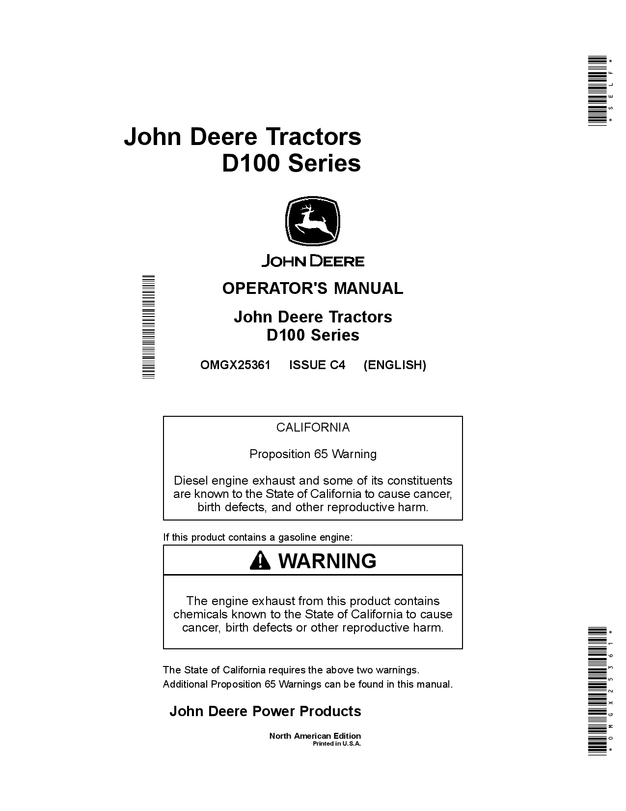 John Deere D100 (100 Series) Tractors (49 States & Australia E560001-) (California E055001-) (Canada, Mexico & Rest of World E22001-) OMGX25361 Operators and Maintenance Manual PDF Download