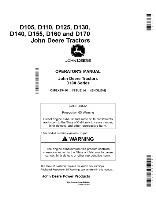 John Deere D105, D110, D125, D130, D140, D155, D160 & D170 Lawn Tractors North American Edition (600001 -700000) OMGX25410 Operators and Maintenance Manual PDF Download