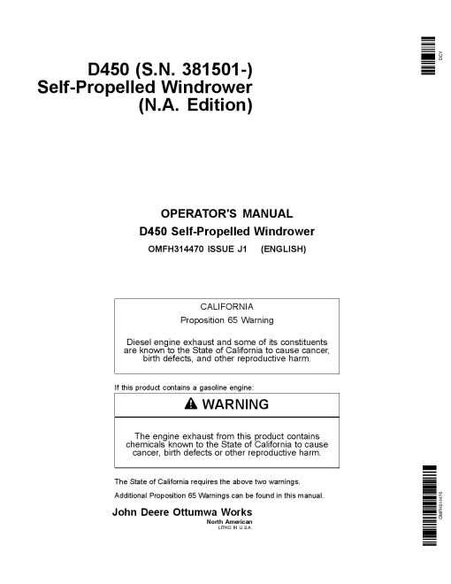 John Deere D450 Self-Propelled Windrower (381501-) OMFH314470 Operators and Maintenance Manual PDF Download