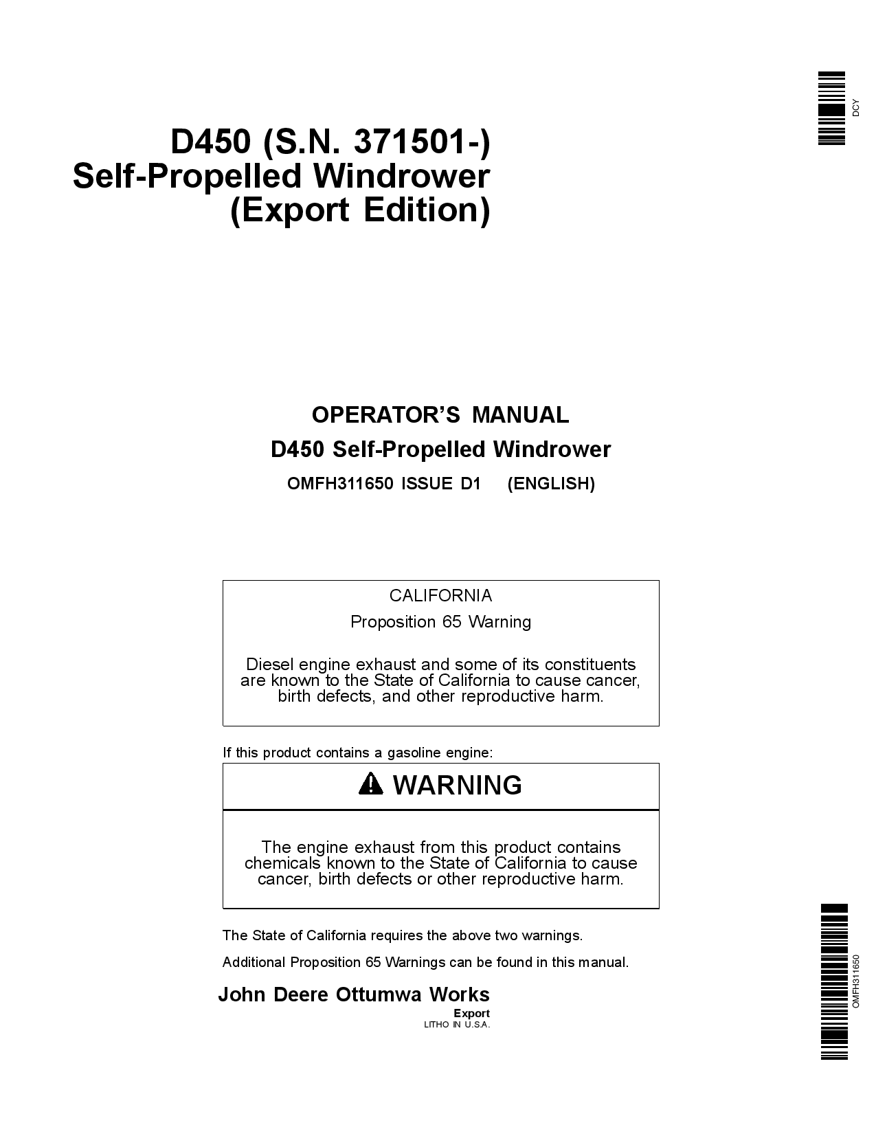 John Deere D450 (s.n. 371501-) Self-Propelled Windrower OMFH311650 Operators and Maintenance Manual PDF Download