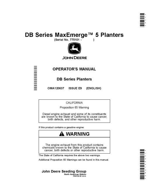 John Deere D844, D860, D866, D880, D888, D890 & D8120 MaxEmerge 5 Planters OMA120637 Operators and Maintenance Manual PDF Download