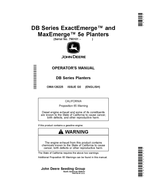 John Deere D844, D860, D866, D880, D888, D890 ExactEmerge MaxEmergem 5e Planters (790101-) OMA126225 Operators and Maintenance Manual PDF Download