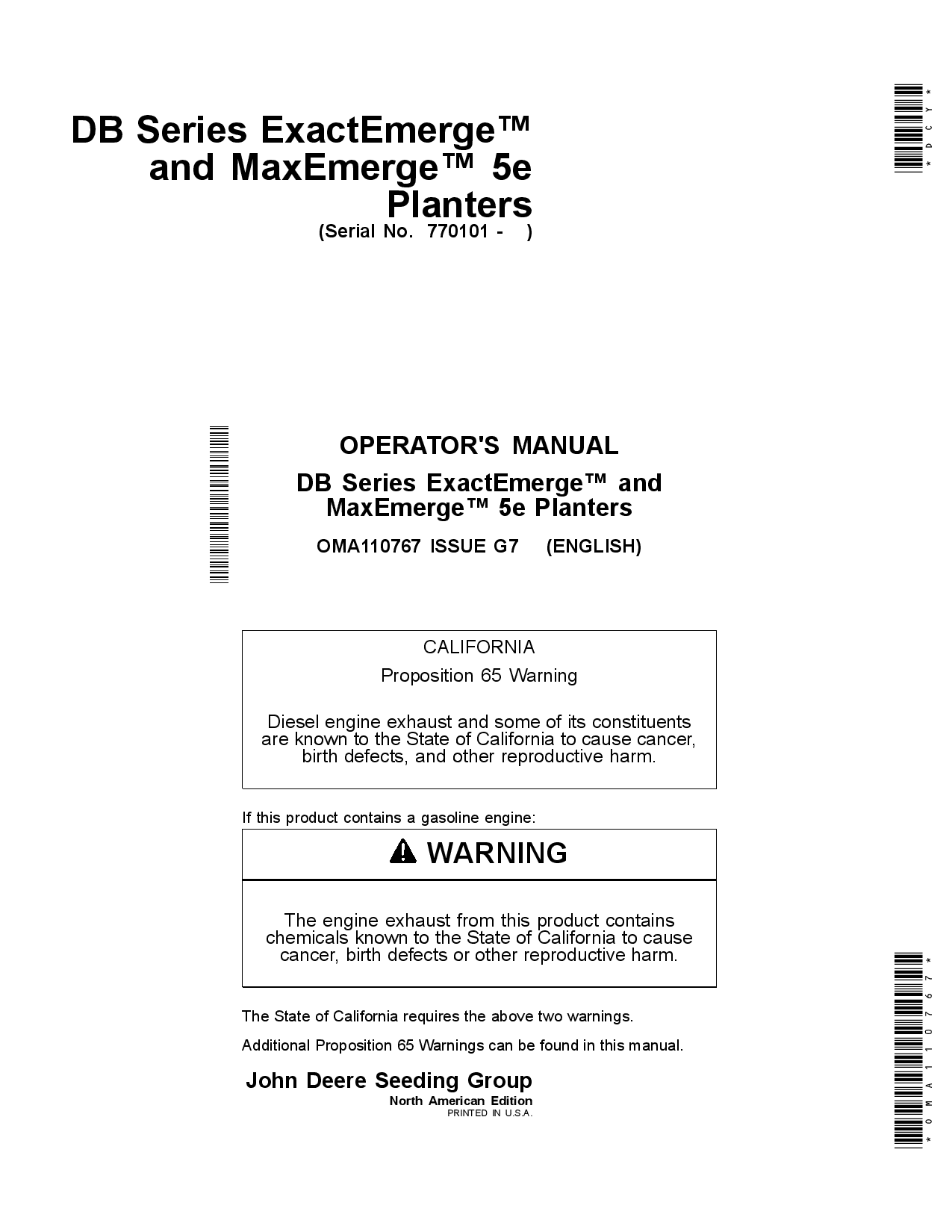 John Deere DB Series ExactEmerge and MaxEmerge 5e Planters OMA110767 Operators and Maintenance Manual PDF Download