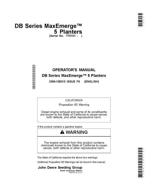 John Deere DB Series MaxEmerge 5 Planters (North American Edition) OMA108210 Operators and Maintenance Manual PDF Download