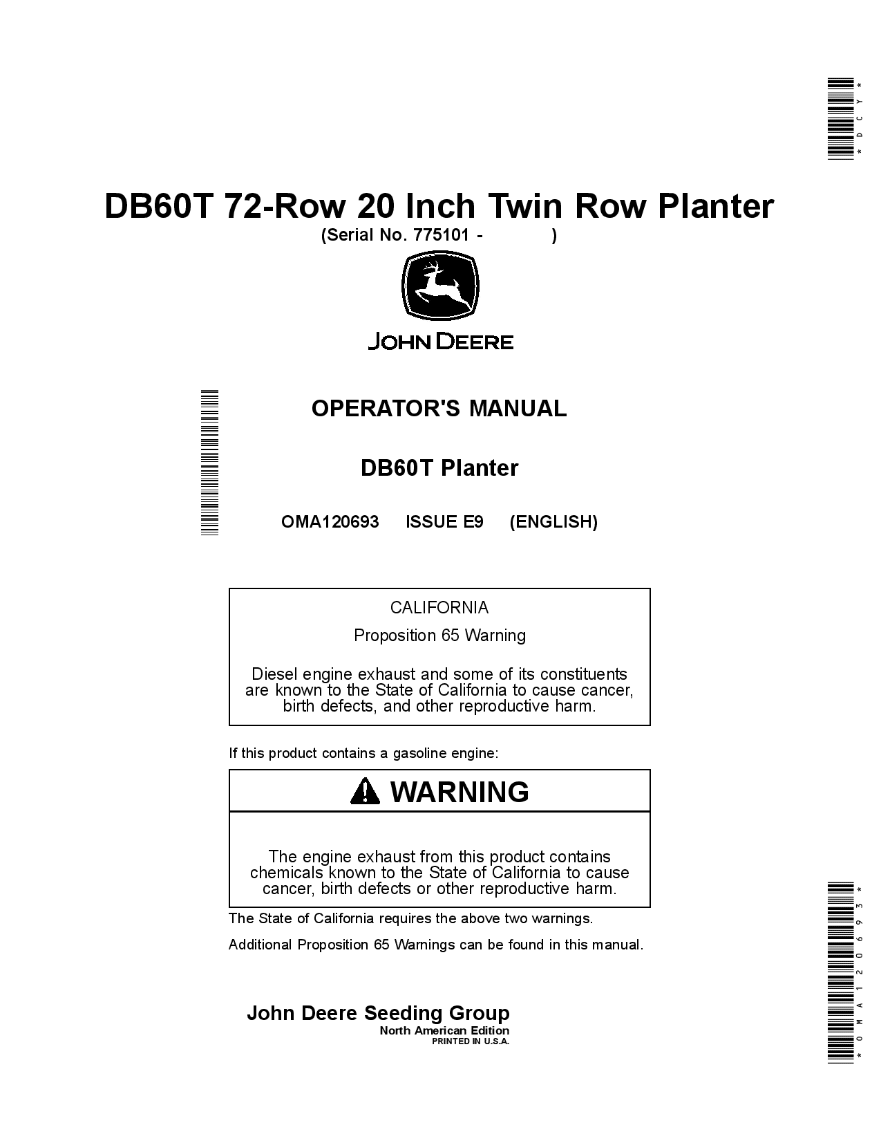 John Deere DB60T 72-Row 20 Inch Twin Row Planter OMA120693 Operators and Maintenance Manual PDF Download