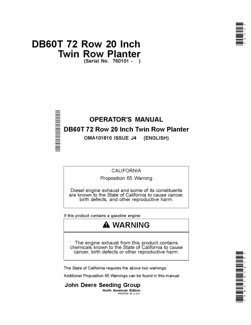 John Deere DB60T Twin-Row Planter (72 Row, 20 inch) North American Edition (760101-765100) OMA101810 Operators and Maintenance Manual PDF Download