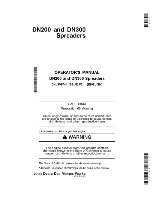 John Deere DN200 & DN300 Spreaders 5NL309744 Operators and Maintenance Manual PDF Download