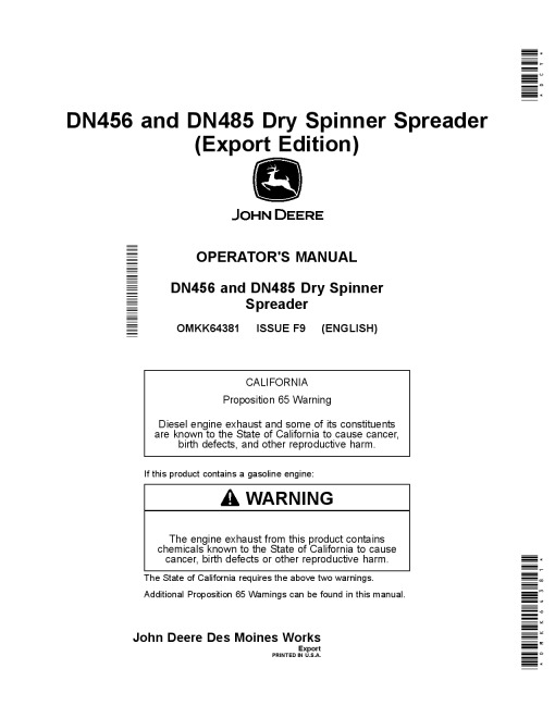 John Deere DN456 and DN485 Dry Spinner Spreader OMKK64381 Operators and Maintenance Manual PDF Download