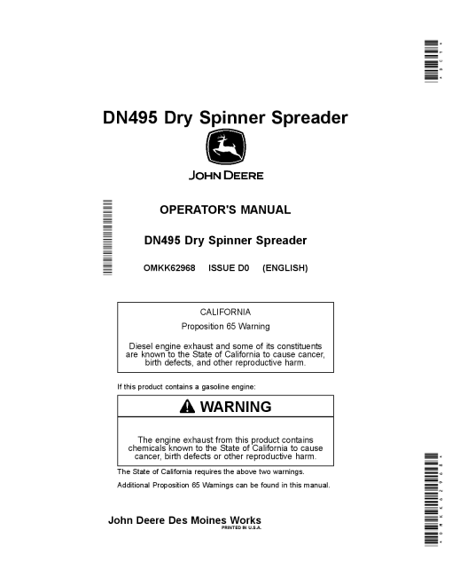 John Deere DN495 Dry Spinner Spreader (MY2019) OMKK62968 Operators and Maintenance Manual PDF Download