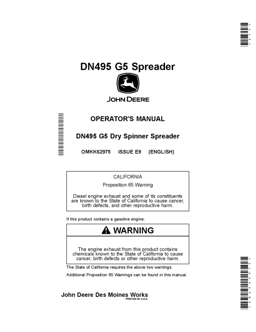 John Deere DN495 G5 Dry Spinner Spreader (MY2019) OMKK62975 Operators and Maintenance Manual PDF Download