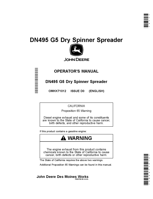 John Deere DN495 G5 Dry Spinner Spreader (MY2020) OMKK71012 Operators and Maintenance Manual PDF Download