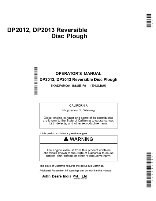 John Deere DP2012 and DP2013 Reversible Disc Plough 5KADP0M001 Operators and Maintenance Manual PDF Download