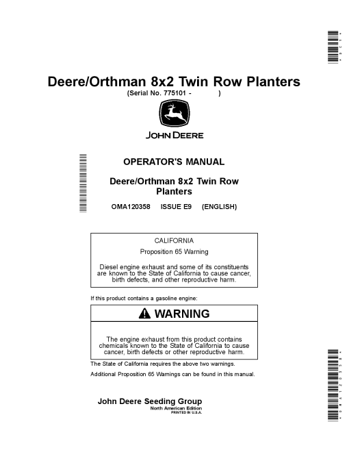 John Deere DR8T Deere Orthman 8x2 Twin Row Planters OMA120358 Operators and Maintenance Manual PDF Download