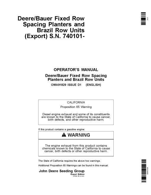 John Deere Deere Bauer Fixed Row Spacing Planters and Brazil Row Units (740101-) OMA91829 Operators and Maintenance Manual PDF Download
