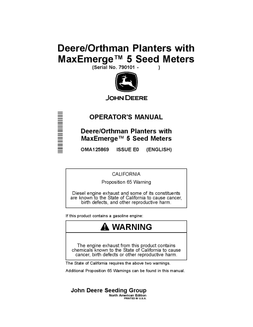 John Deere Deere Orthman Planters with MaxEmerge 5 Seed Meters (790101-) OMA125869 Operators and Maintenance Manual PDF Download