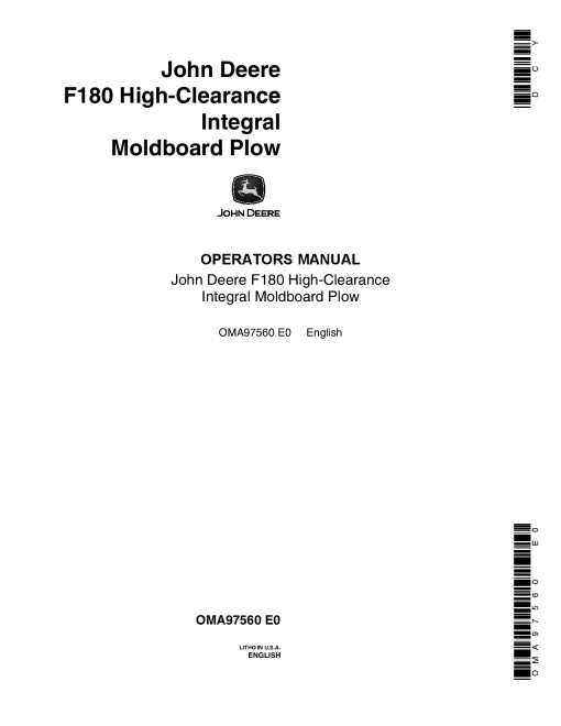John Deere F180 High Clearance Integral Moldboard Plow OMA97560 Operators and Maintenance Manual PDF Download