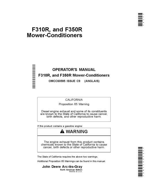 John Deere F310R & F350R Mower Conditioners OMCC60595 Operators and Maintenance Manual PDF Download