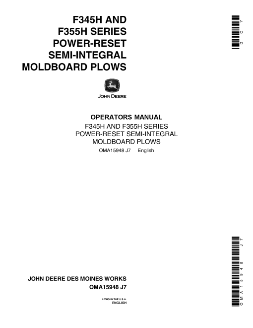 John Deere F345H, F355H Series MoldBoard Plows OMA15948 Operators and Maintenance Manual PDF Download